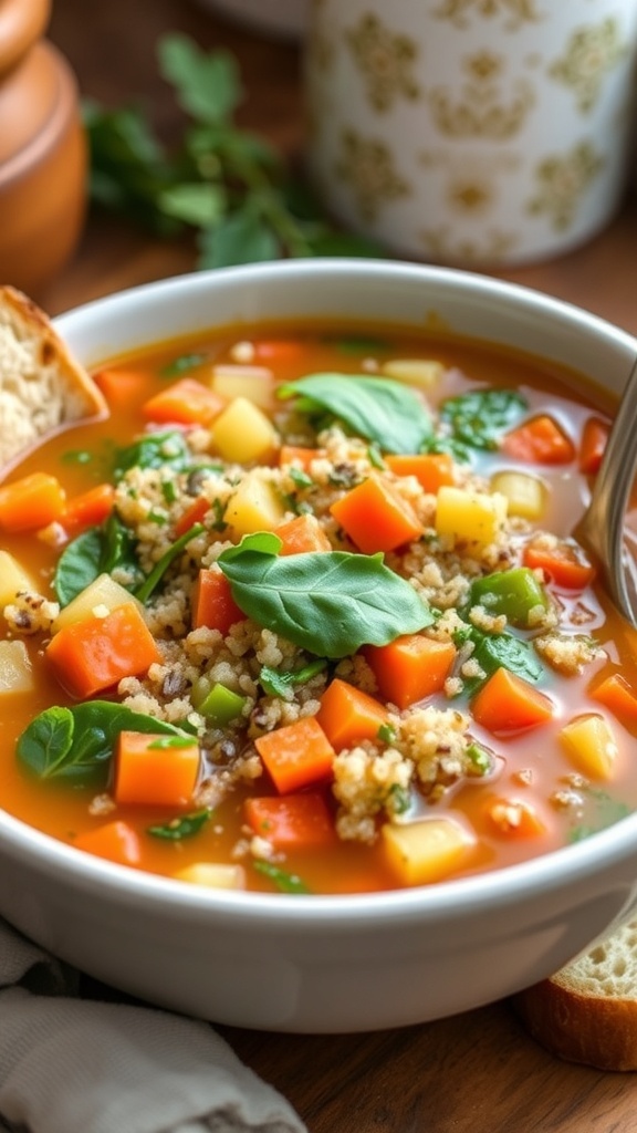 A bowl of quinoa vegetable soup with carrots, celery, bell peppers, and spinach, garnished with herbs, next to a slice of bread.